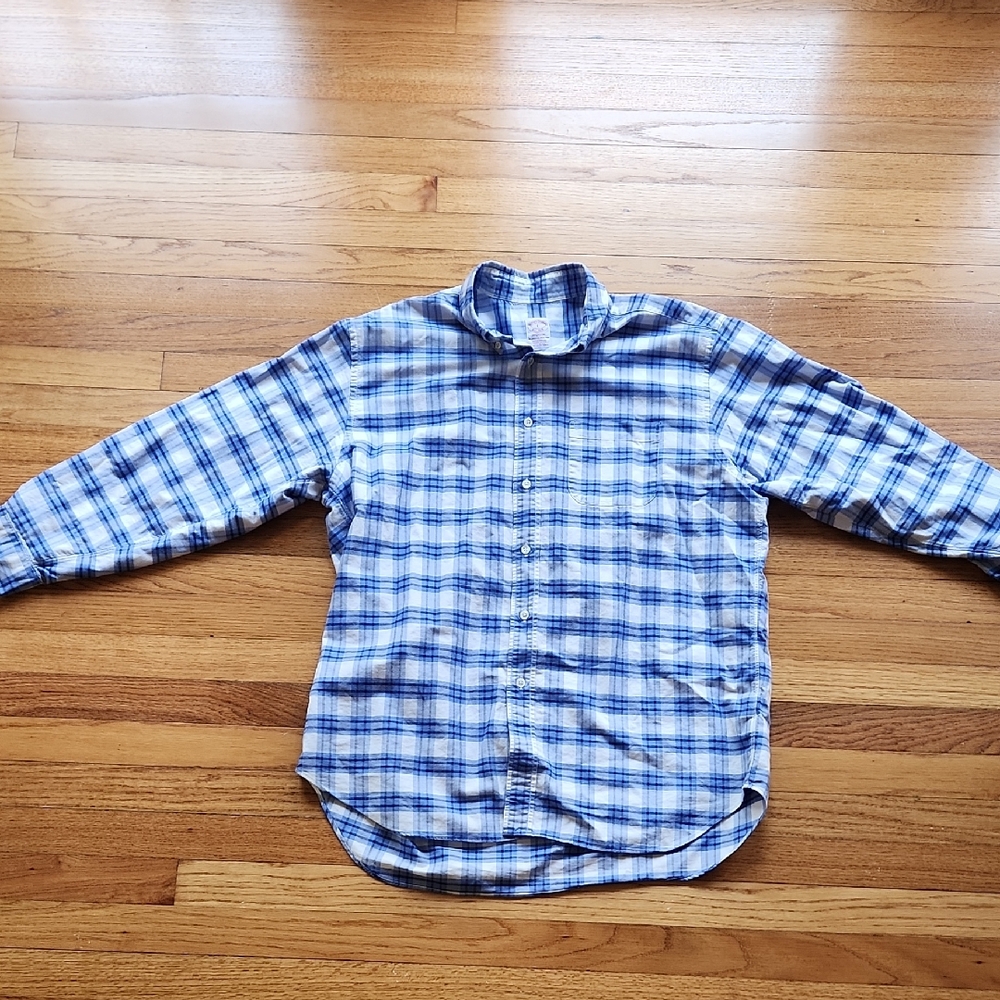 Brooks Brother Madison Blue and White Plaid Button Down Shirt Size L Made In USA